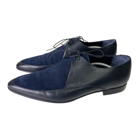 J. Lindeberg Men's 11 Black Navy Leather Suede Pointed Toe Lace Up Dress Shoe - Picture 1 of 12